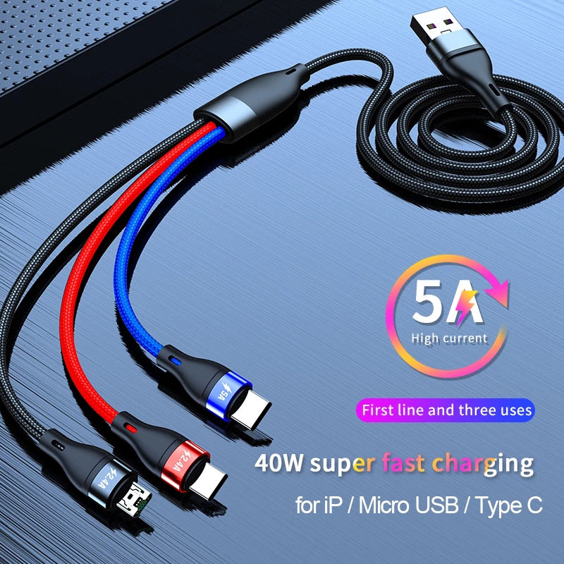 Free Sample Nylon Braided 5A Super Fast VOOC Charging Mobile Micro USB Cable 3 in 1 USB Charging Cable for Iphone 12 Android