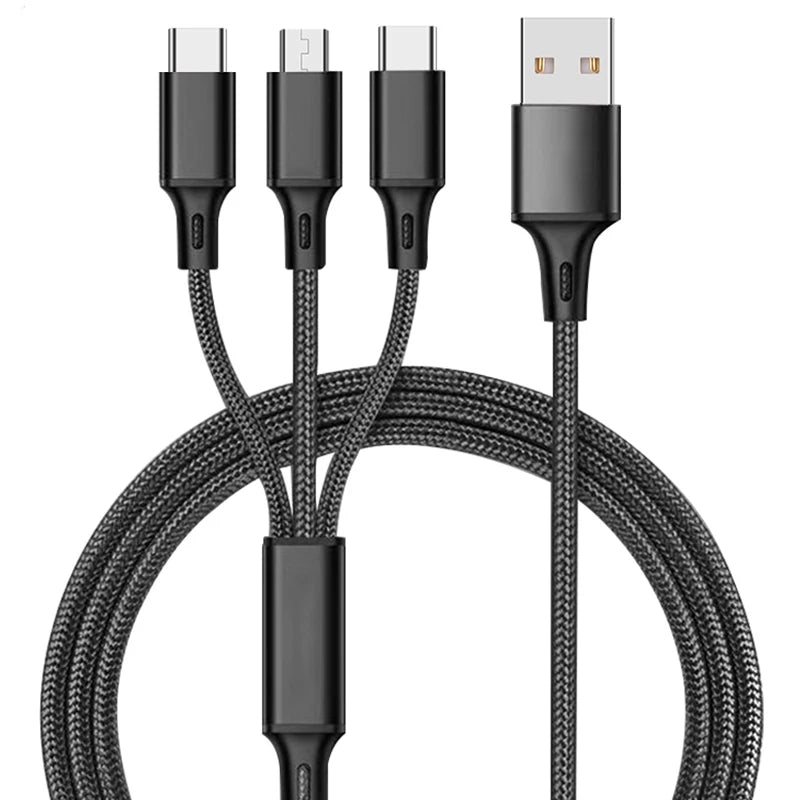 Custom 3 in One Nylon Usb Cable 3-in-1/3in1 Charging Data Cable Phone Type C Android 3 in 1 Usb Cable Charger