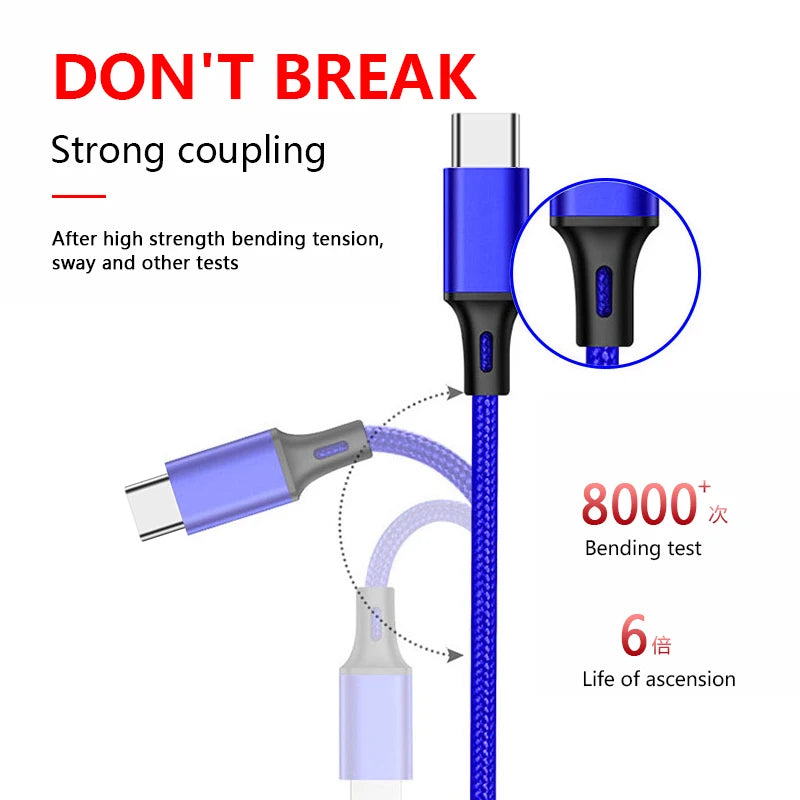 Custom 3 in One Nylon Usb Cable 3-in-1/3in1 Charging Data Cable Phone Type C Android 3 in 1 Usb Cable Charger