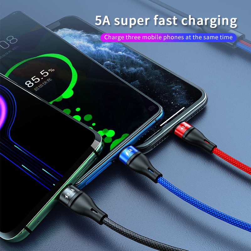 Free Sample Nylon Braided 5A Super Fast VOOC Charging Mobile Micro USB Cable 3 in 1 USB Charging Cable for Iphone 12 Android