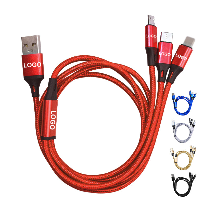 Custom 3 in One Nylon Usb Cable 3-in-1/3in1 Charging Data Cable Phone Type C Android 3 in 1 Usb Cable Charger