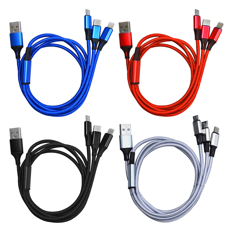 Custom 3 in One Nylon Usb Cable 3-in-1/3in1 Charging Data Cable Phone Type C Android 3 in 1 Usb Cable Charger