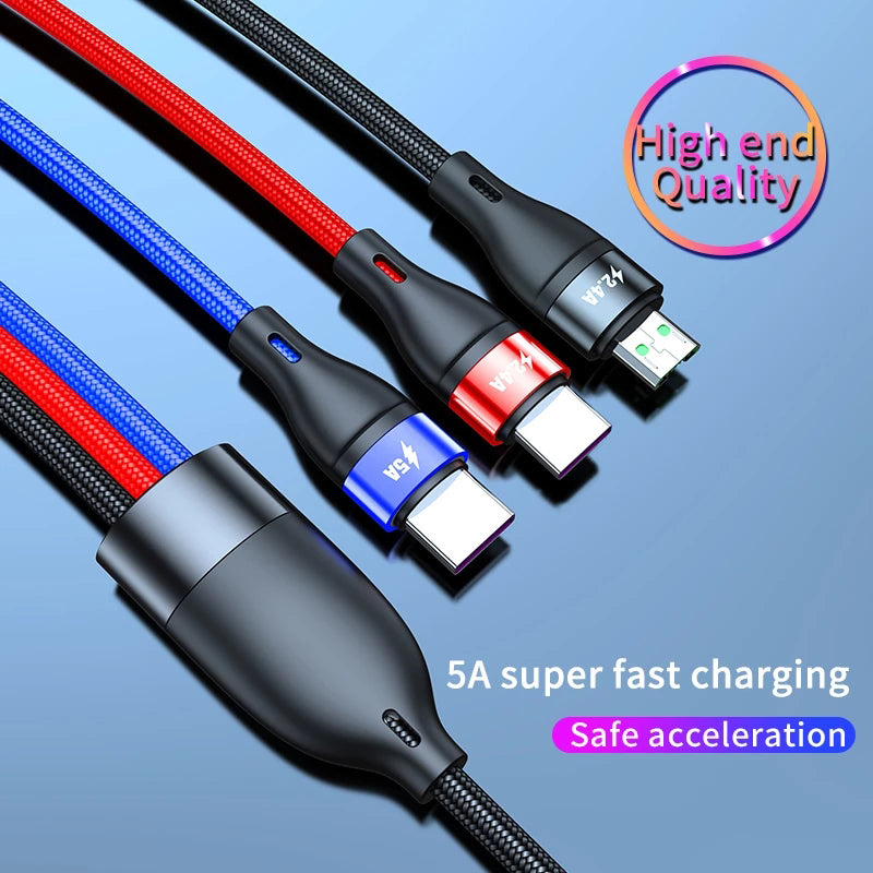 Free Sample Nylon Braided 5A Super Fast VOOC Charging Mobile Micro USB Cable 3 in 1 USB Charging Cable for Iphone 12 Android