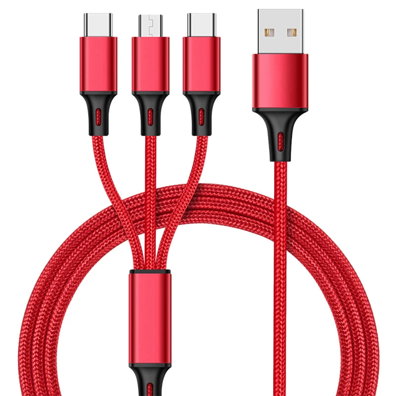 Custom 3 in One Nylon Usb Cable 3-in-1/3in1 Charging Data Cable Phone Type C Android 3 in 1 Usb Cable Charger