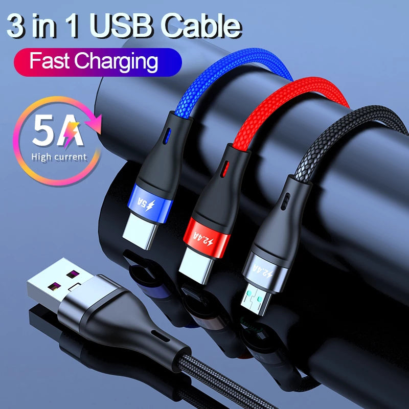 Free Sample Nylon Braided 5A Super Fast VOOC Charging Mobile Micro USB Cable 3 in 1 USB Charging Cable for Iphone 12 Android